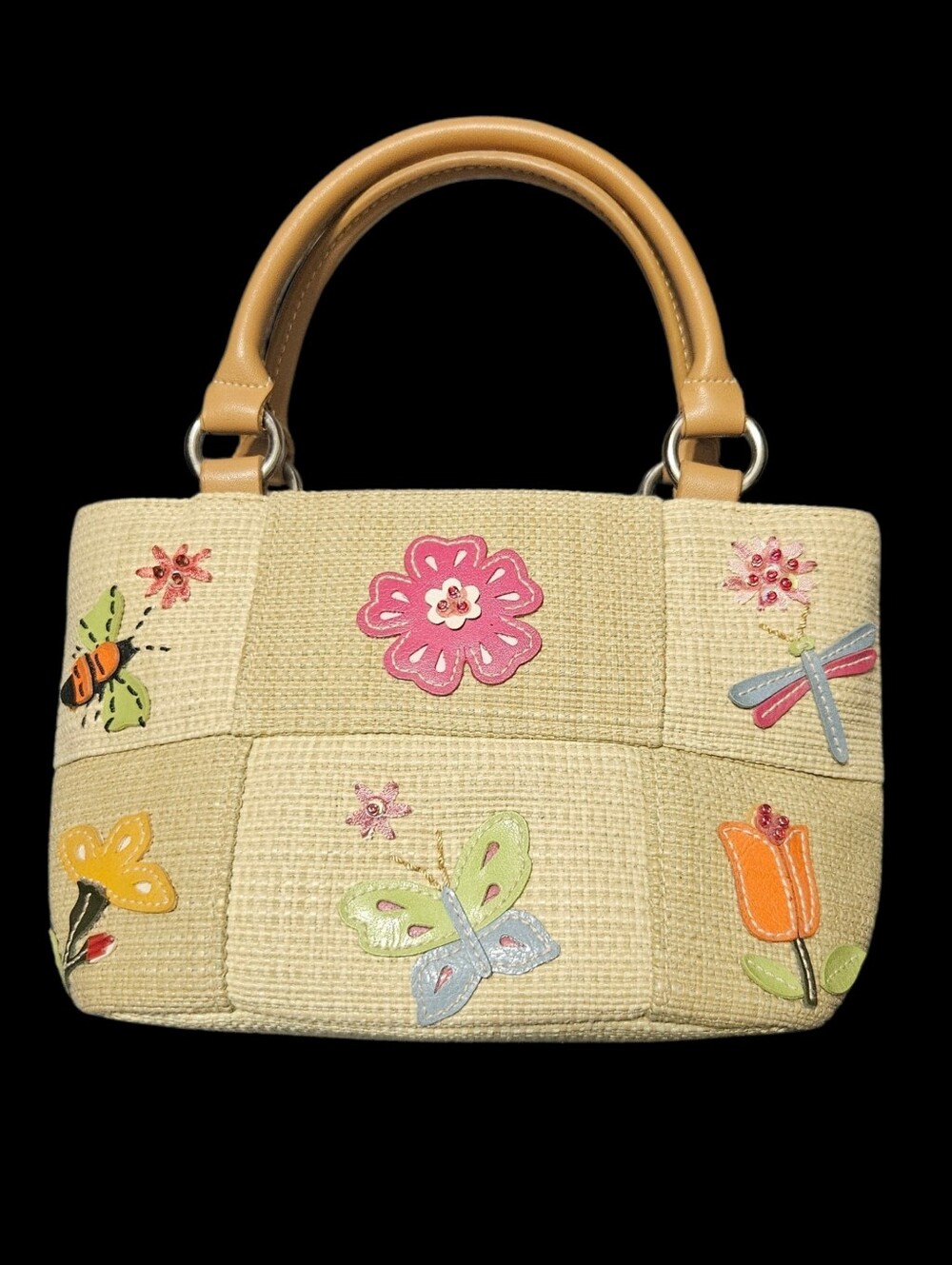 Woven Natural Straw Look Handbag Butterfly Flowers Bee Dragon Fly Beaded Accents